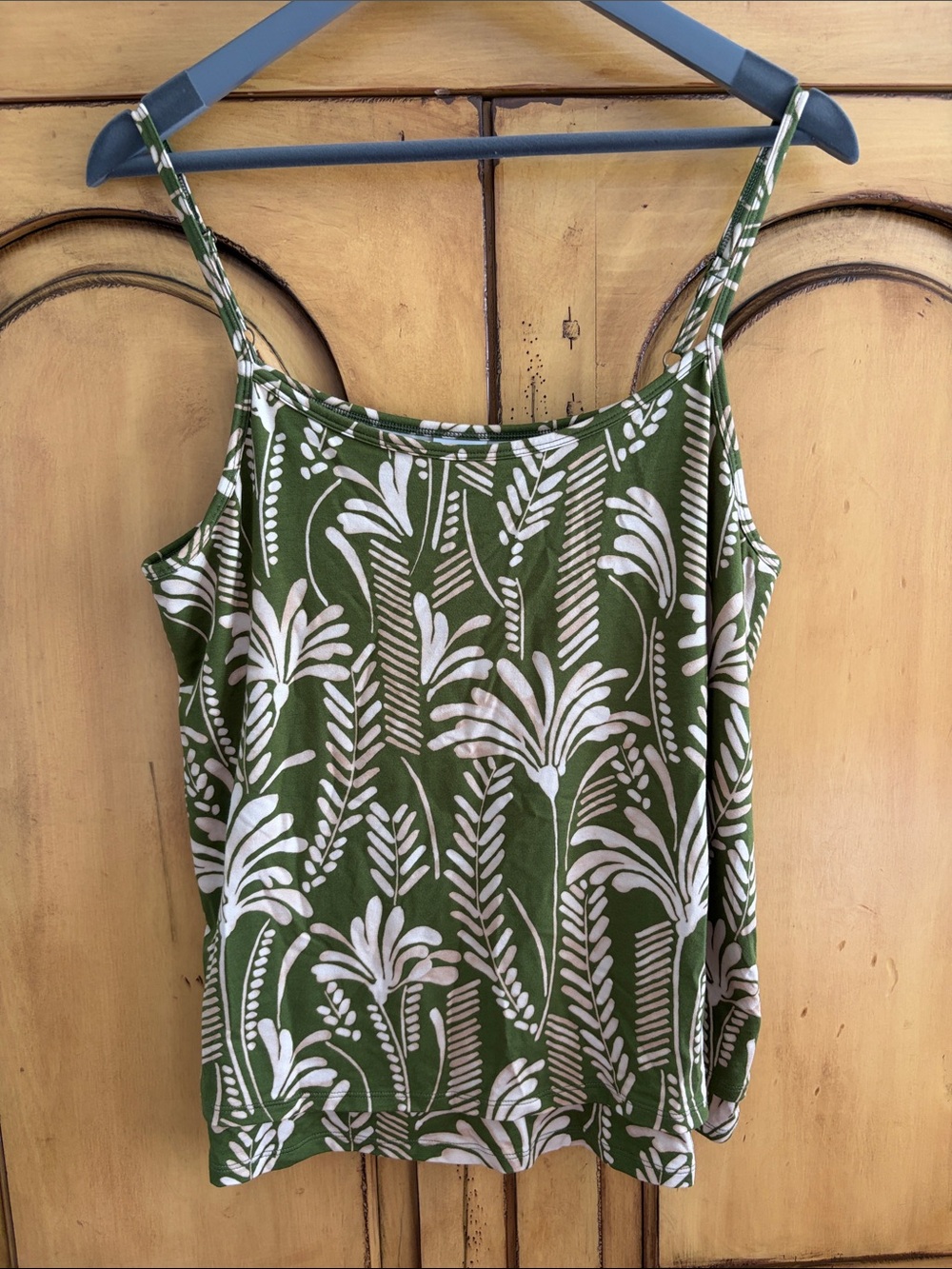 CAbi Olive Green and White Printed Tropical Palm Camisole Tank